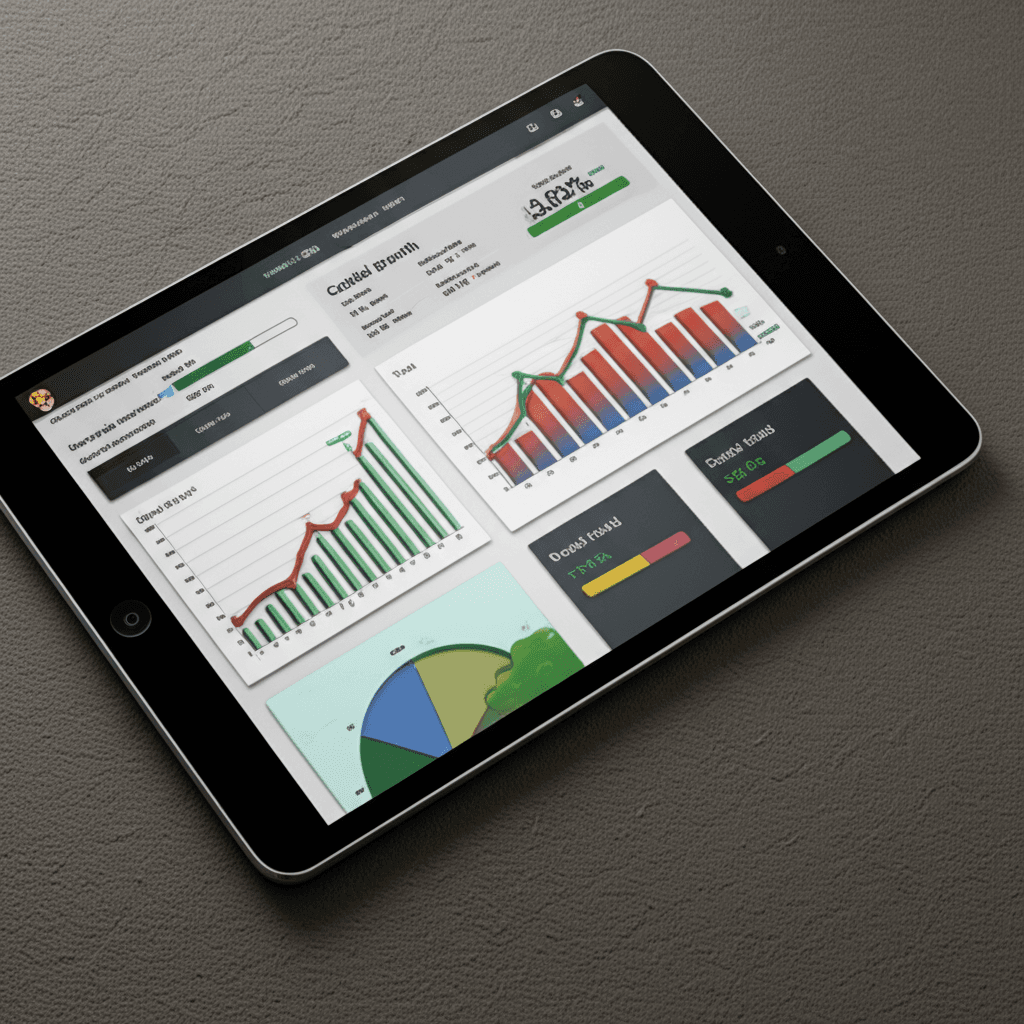 A sophisticated dashboard on a tablet displaying property data analytics, including charts for capital growth, rental yield, and suburb comparisons.