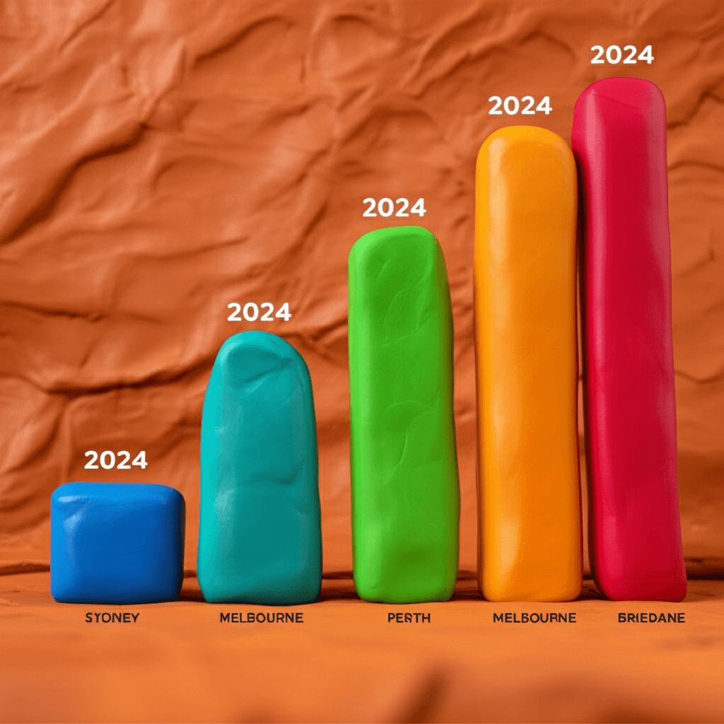 A vibrant bar chart comparing the annual property price growth of major Australian cities like Sydney, Melbourne, Perth, and Brisbane for 2024
