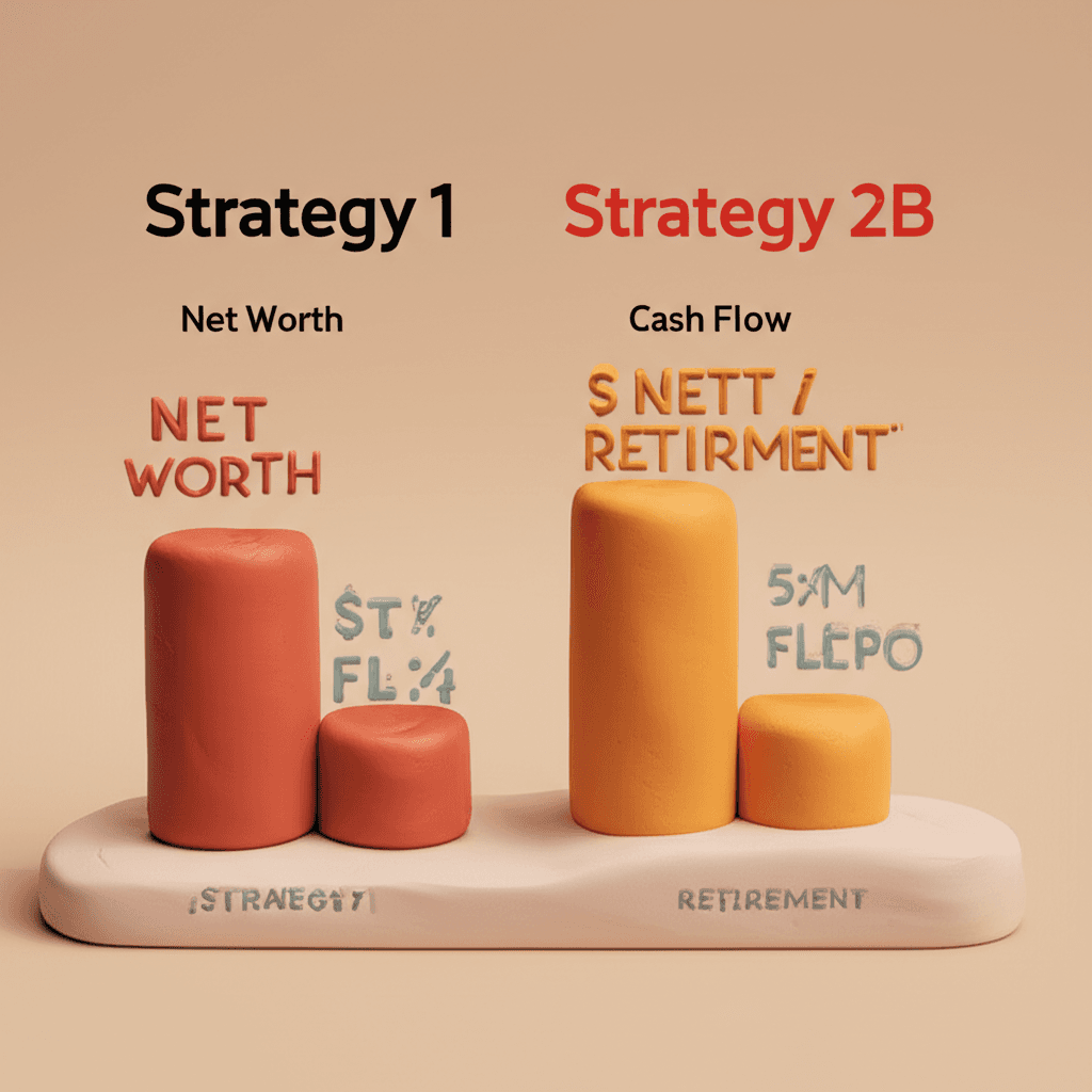 A comparative bar chart showing the net worth and cash flow of 'Strategy 1' vs 'Strategy 2B' at retirement.