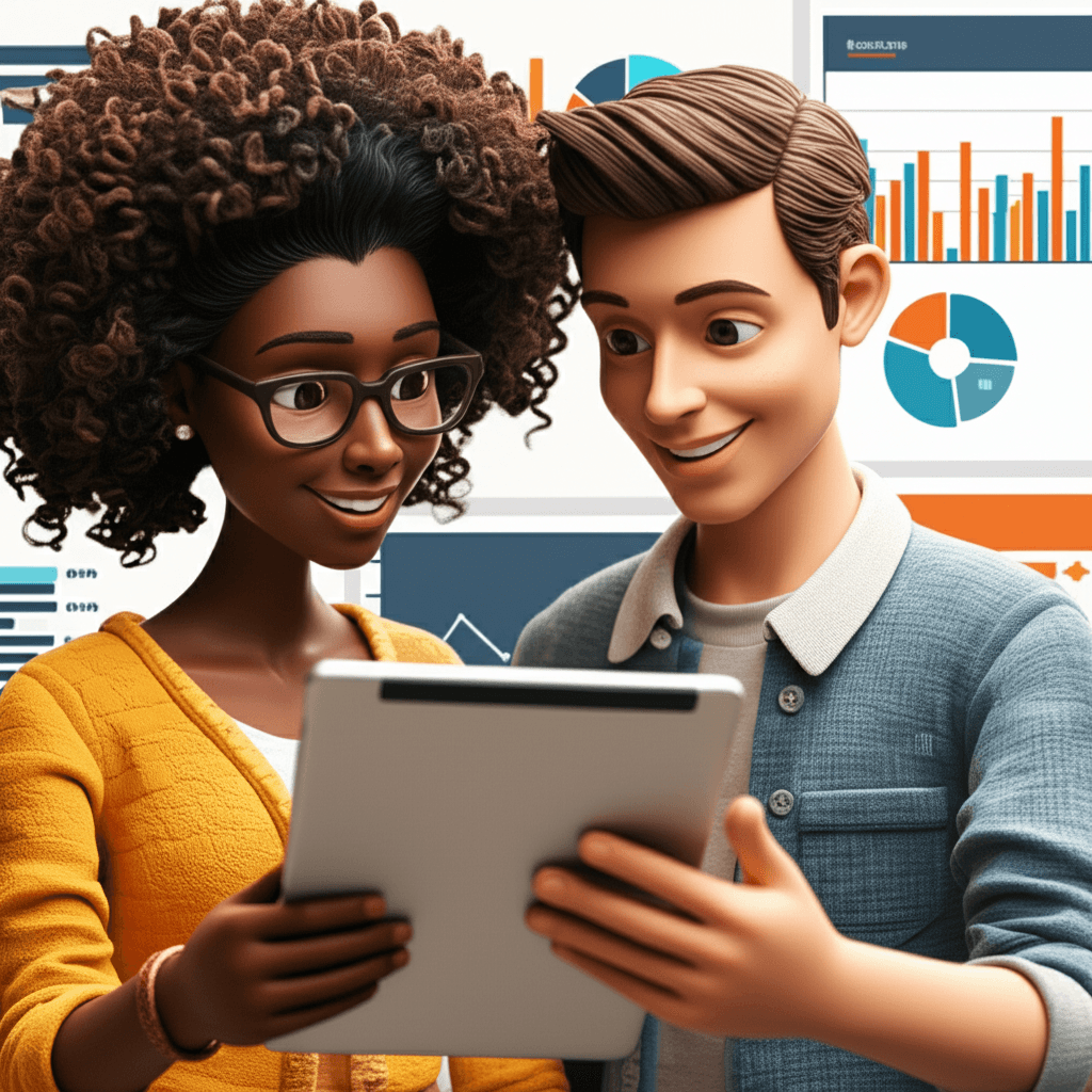 A diverse couple looking confidently at a property listing on a tablet, with data charts visible in the background