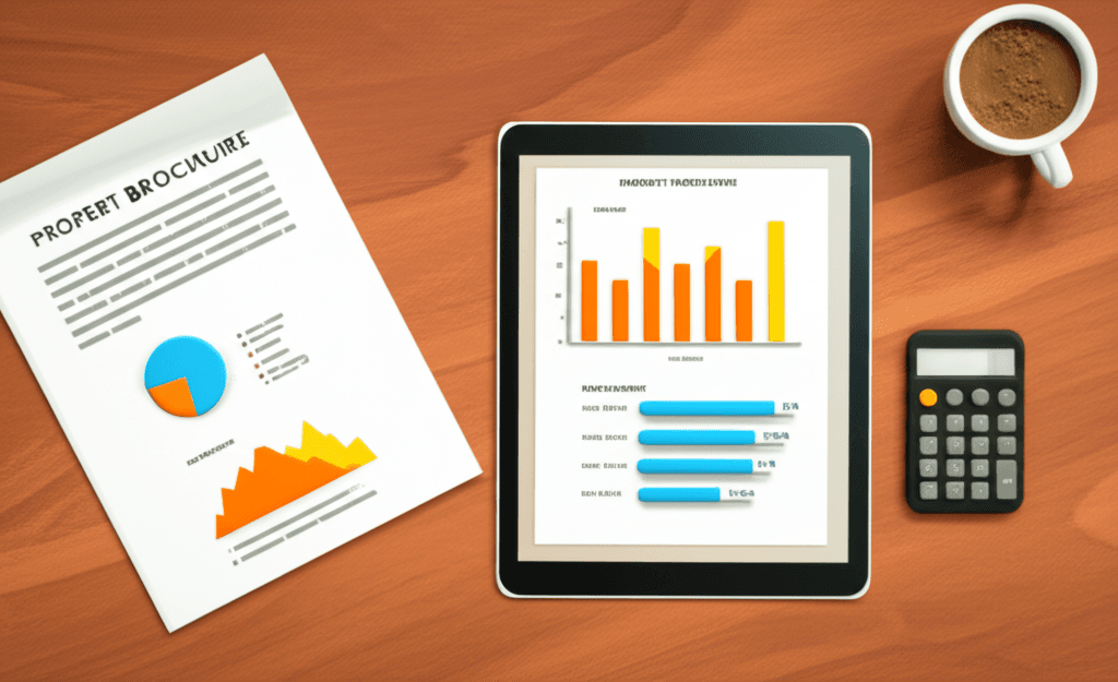 A flat lay image of a desk with a property brochure, a calculator, a tablet showing property data charts, and a cup of coffee