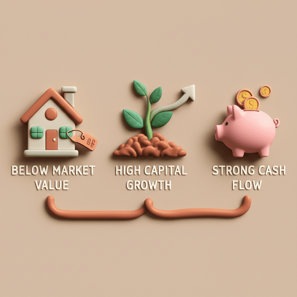 The rapid portfolio growth strategy is based on three pillars: buying below market value, targeting high capital growth areas, and prioritising properties with strong cash flow.