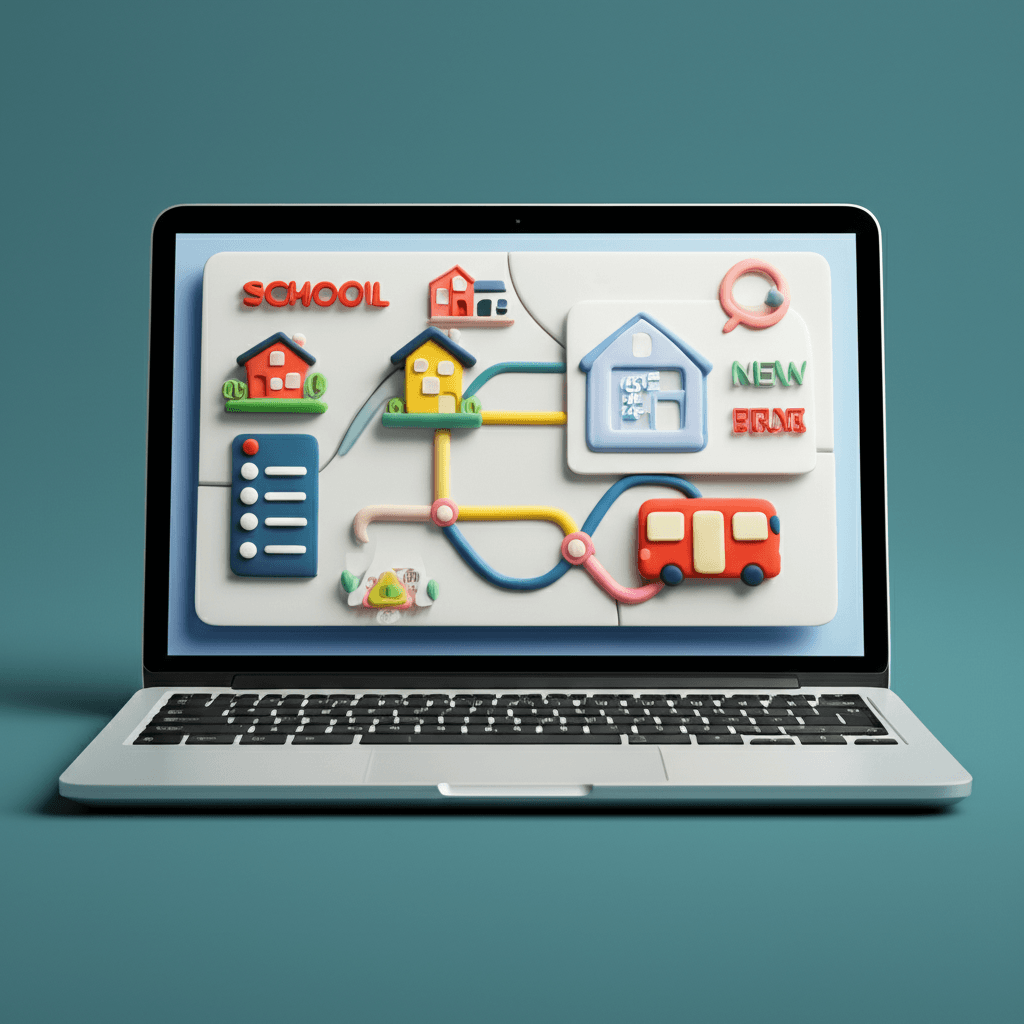 A modern graphic representing an AI-powered property search on a laptop screen, showing a map with data overlays for schools and transport.