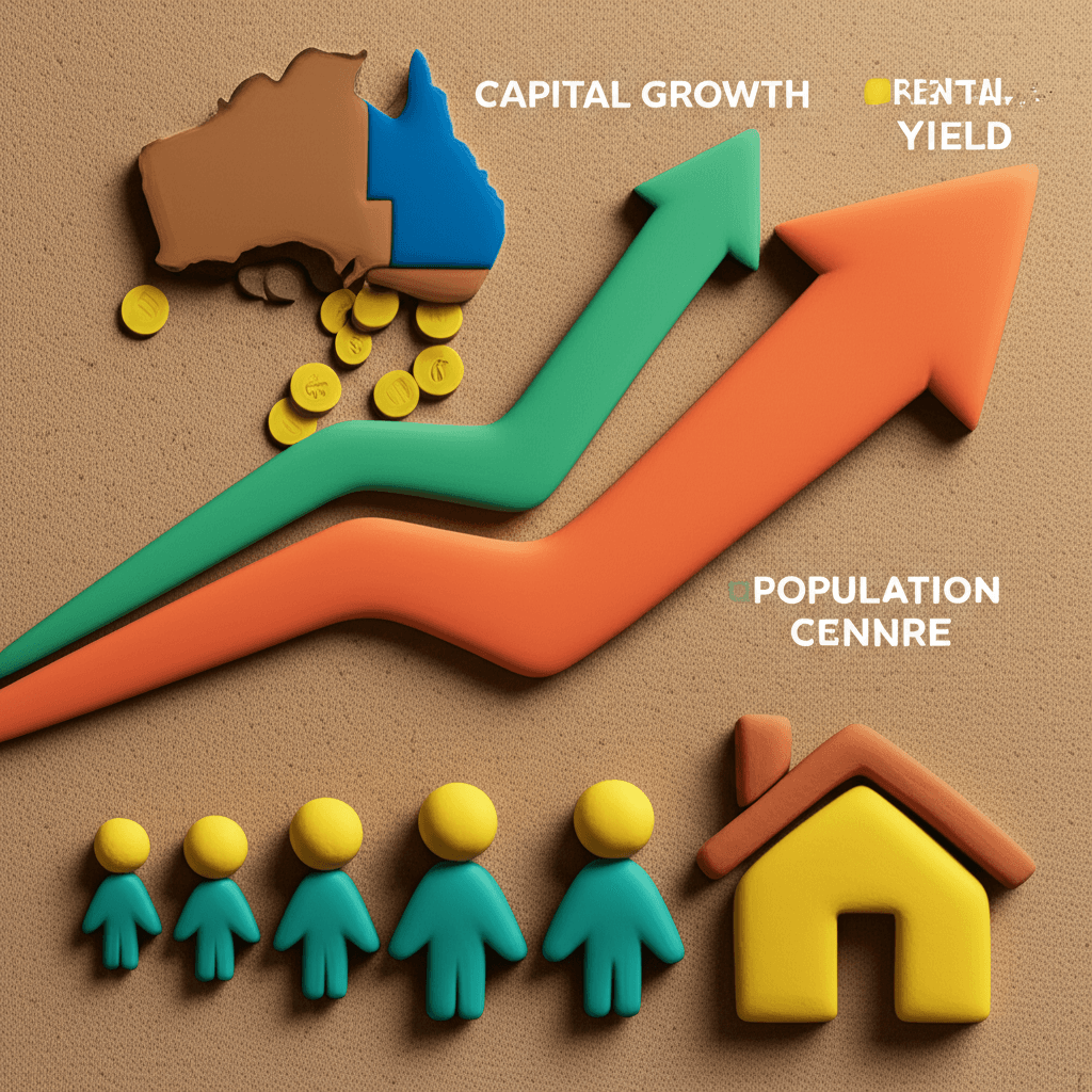 A vibrant chart comparing capital growth, rental yield, and population trends between a major capital city and a key regional growth centre in Australia