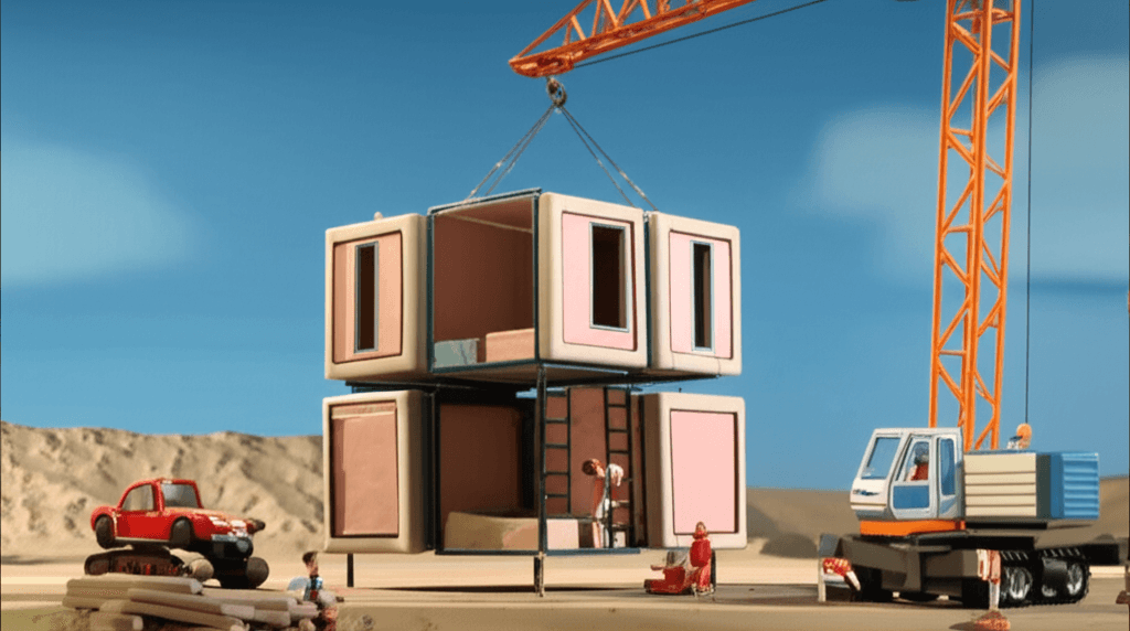 A futuristic graphic showing a modular, prefabricated home being assembled on-site by a crane