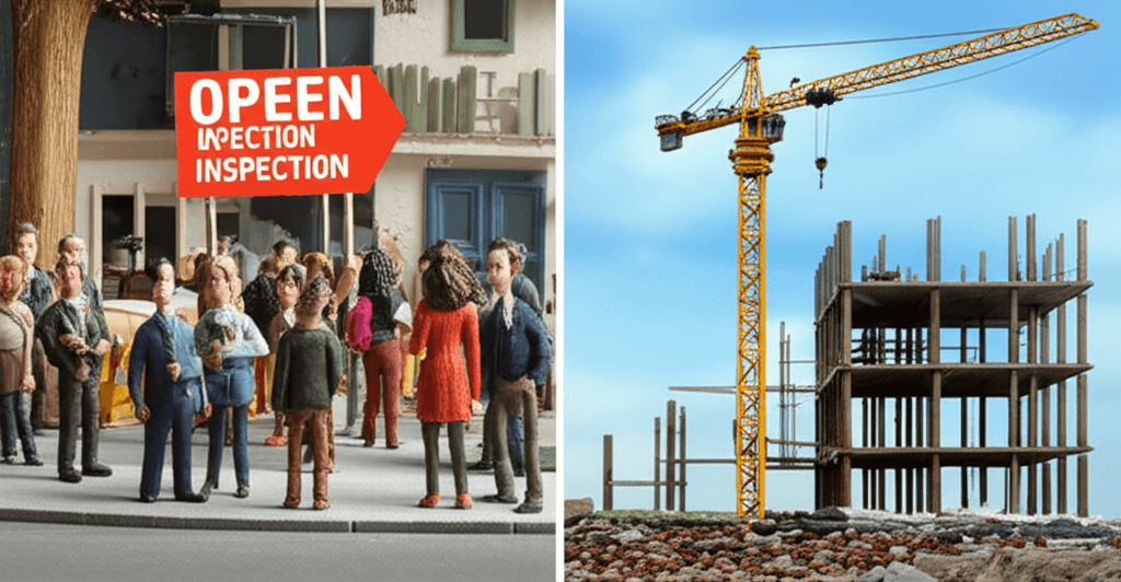 A split image showing a crowded open for inspection on one side and a construction site with cranes on the other