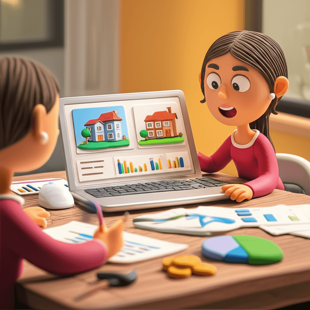 A hopeful first-home buyer couple reviewing a financial plan with a laptop showing property listings