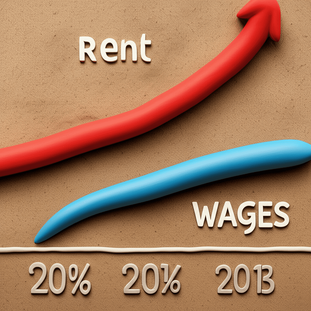 A dynamic line graph showing the sharp increase in Australian capital city rents versus wage growth over the last three years