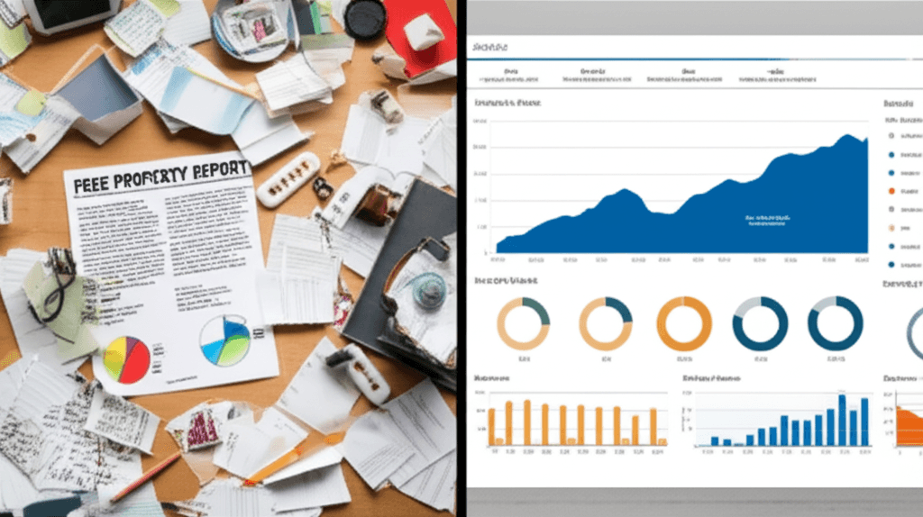 A split-screen image showing a cluttered, confusing free property report on one side and a clean, insightful data dashboard on the other