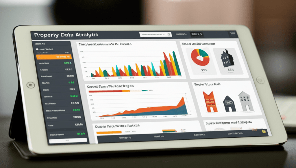 A sophisticated dashboard on a tablet showing property data analytics, including capital growth charts, rental yield heatmaps, and suburb comparisons
