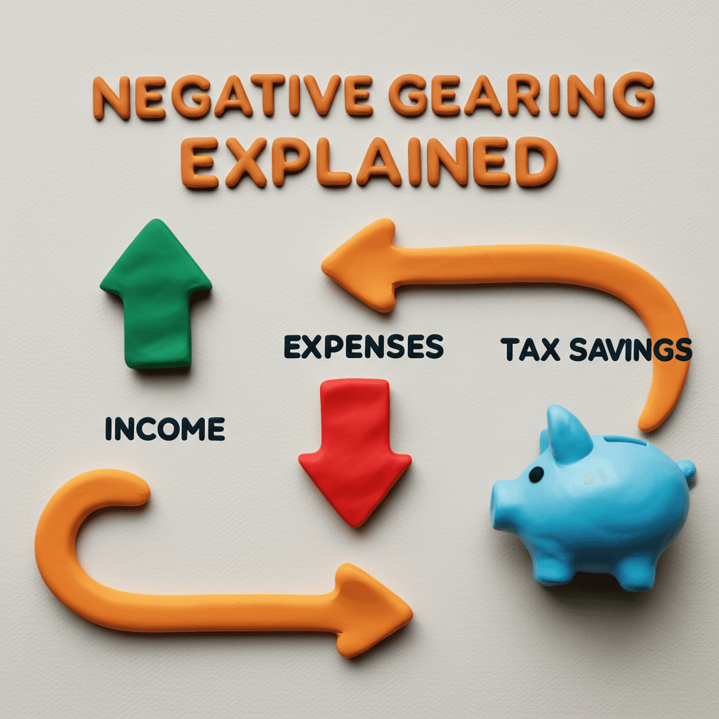A clear infographic explaining negative gearing with icons for income, expenses, and tax savings