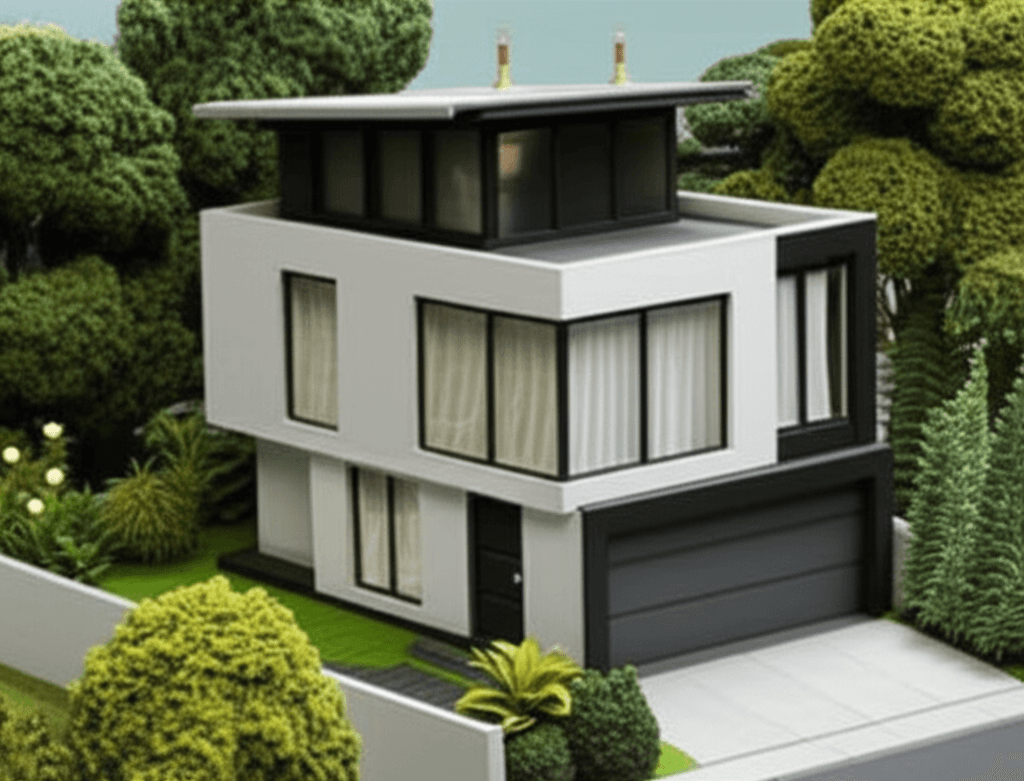 An architectural rendering of a stylish modern duplex on a single block of land in a leafy suburb