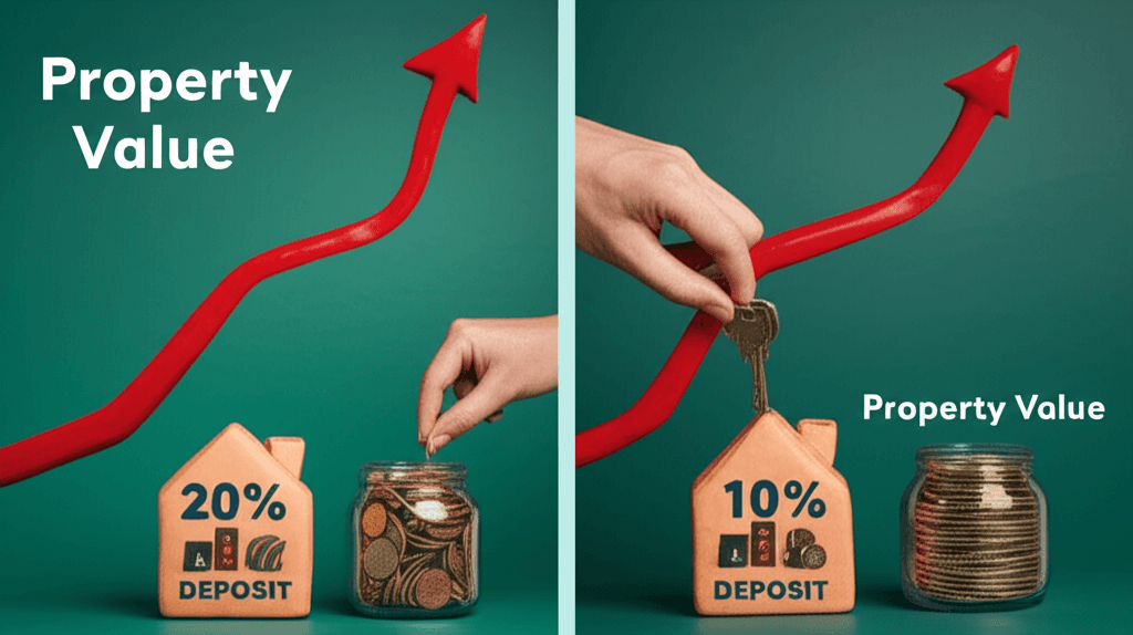 A split-screen infographic comparing two paths: one showing a person saving a 20% deposit while a property value line steeply increases, the other showing a person buying sooner with a 10% deposit and riding the property value growth.