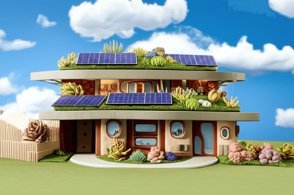 A futuristic architectural rendering of a sustainable Australian home with solar panels, a green roof, and recycled materials