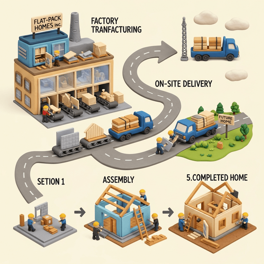 Flat pack homes are built in sections off-site and then transported for assembly, streamlining the construction process compared to traditional builds.